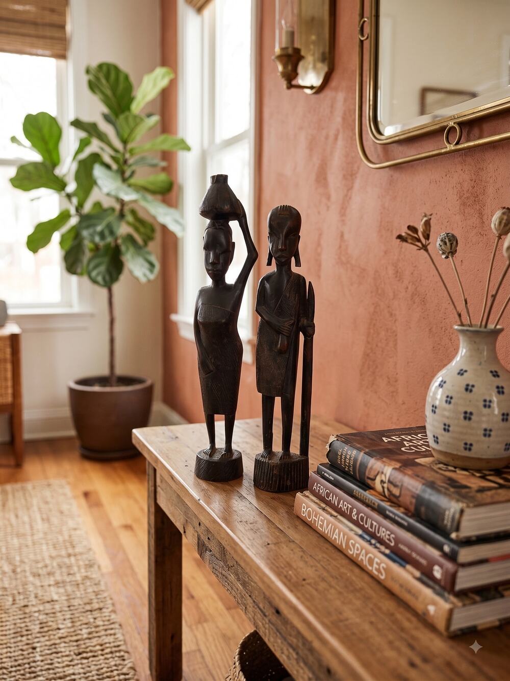 Vintage Hand Carved African Wood Figurines Pair — Maasai Man & Woman Statues 10"